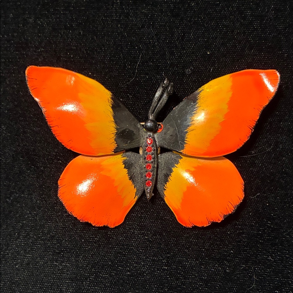 Vintage Orange and Black Butterfly Brooch with Red Rhinestones